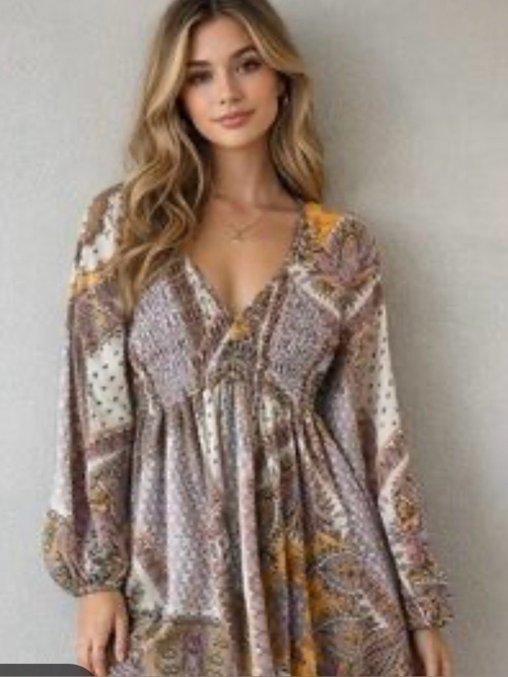 MELLODAY Yellow Paisley Smocked V-Neck Tunic with Purple and Cream Accents